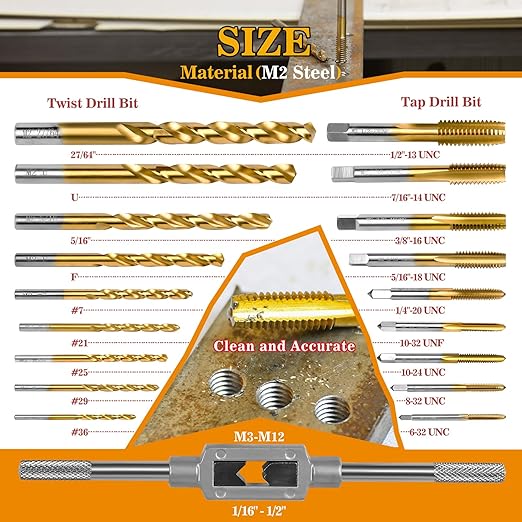 18Pcs SAE Drill and Tap Set with 1Pc Tap Wrench, M2 HSS Thread Tap Set from 6-32 UNC to 1/2"-13 UNC, Combination of Drill and Tap Set for Metal,with Metal Indexed Box