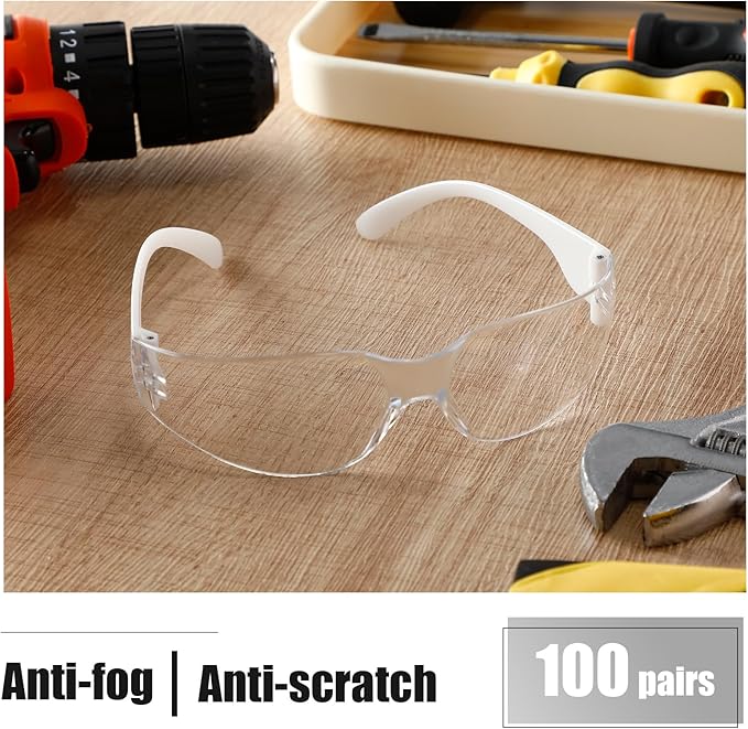 Chumia 100 Pairs Bulk Safety Glasses Eye Protection Goggles for Women Men Work Construction Science Lab