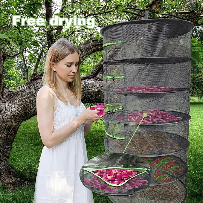 2ft Herb Drying Rack Net Mesh with Green Zippers Hydroponics,Bonus Hook Drying Rack Herbs for Plant Bud Seed, Mesh Hanging Plant Dry,Herb Dry Net for Garden (8 Layer, Zipper Style)