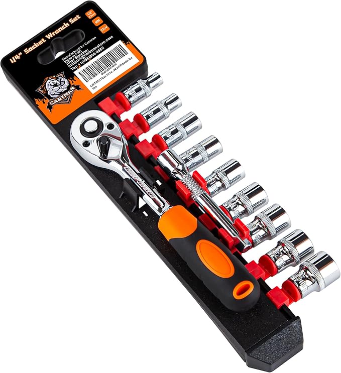 CARTMAN 11pcs 1/4 Inch Ratchet Socket Wrench Tool Set with 9 Drive Sockets 5-13mm and 2 Way Quick Released Ratchet Handle and Extension Bar