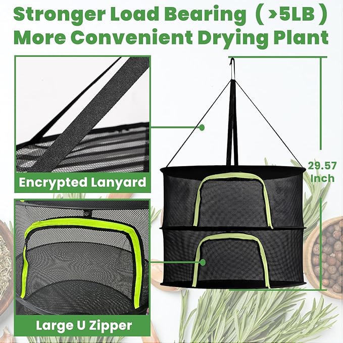2 Layer 24" Herb Drying Rack Hanging with Garden Pruning Shears, Large Zipper, Hook & Notepad, Foldable Drying Rack for Herbs, Spices & Seasonings, Hanging Herb Dryer Indoor Outdoor