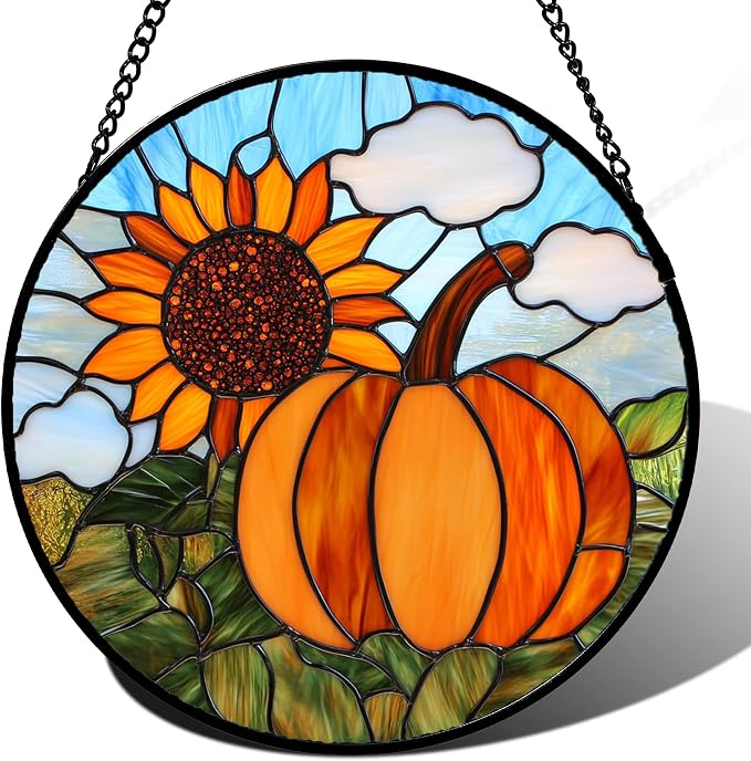 DASTOLL Stained Glass Window Hanging Fall Farm Scenery Sunflower Pumpkin 9.8" by DASTOLL