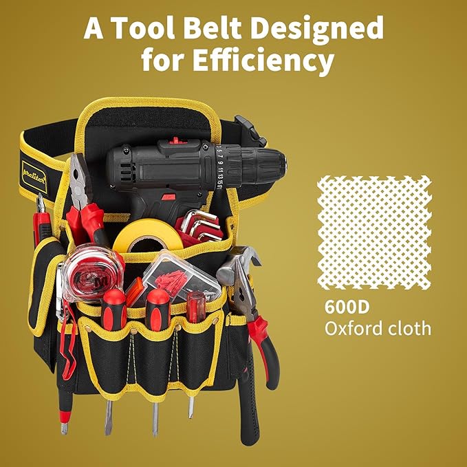 Tool Pouch with Belt, 9 Pocket Heavy Duty Tool Belt, Waterproof Electrician Tool Pouch,Utility Belt Single Side Belt Pouch for Electrician/Carpenter/Construction (Black Yellow)