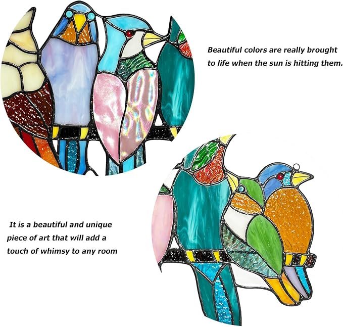 Stained Glass Birds Window Hangings, 9 Multicolor Stained Glass Birds on Branch - Image 6