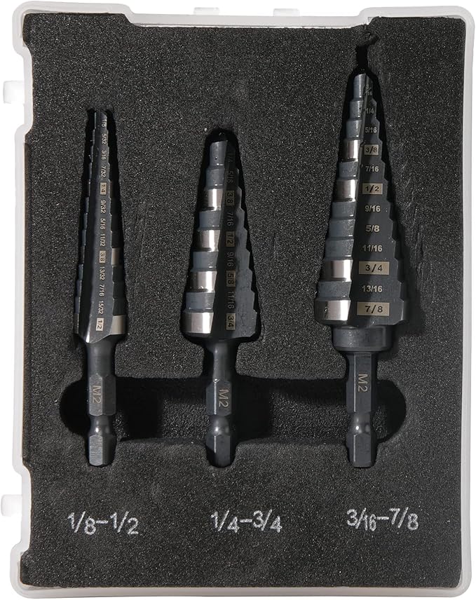 M2 HSS Quick Change 1/2", 3/4" & 7/8" Step Drill Bit Set Double Fluted Drill Bits for Hole Drilling in Stainless Steel, Copper, Aluminum, Wood, Plastic