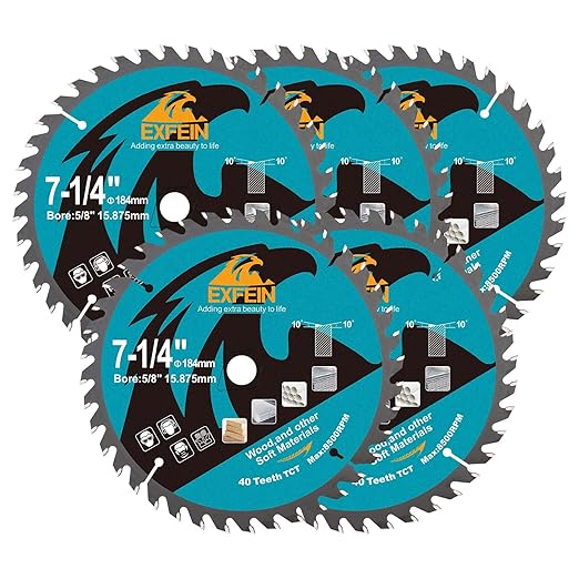 7-1/4 Inch Miter/Table Saw Blades 5pcs, 40 Teeth ATB TCT Fine Finish Wood Cutting Circular Saw Blade with 4/5 Inch Arbor