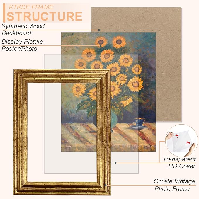 KTKDE 8.5x11 Picture Frame Set of 2, Ornate Vintage Gold Photo Frames 8.5 x 11 - Image 2