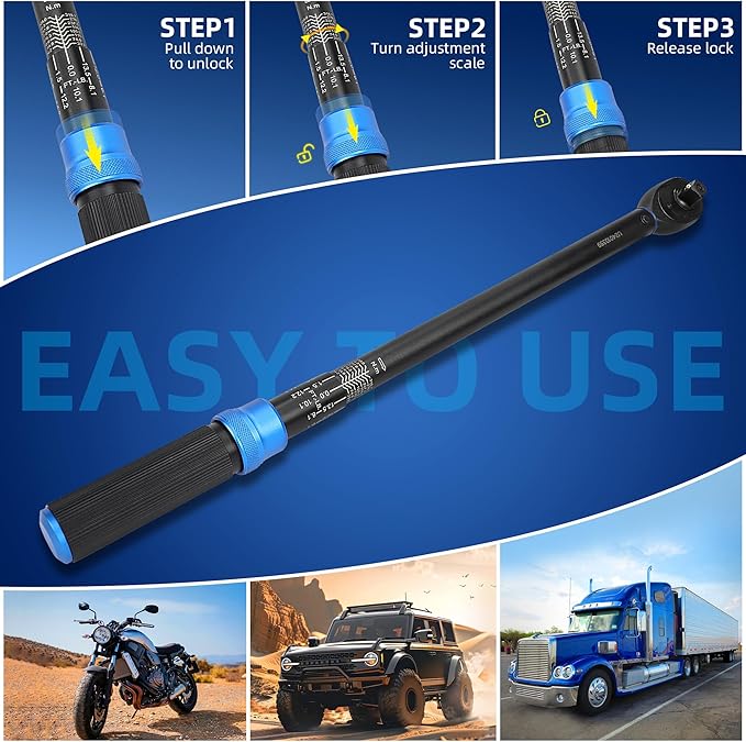 1/2-Inch Drive Click Torque Wrench, Dual-Direction Click Professional Torque Wrench 25-250FT.LB/33.9-339N.M, Dual Range Scales Graduated in FT.LB and N.M, Blue