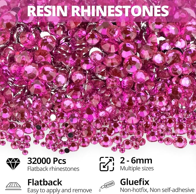 32000Pcs Dark Pink Rhinestones for Bedazzling, Mixed Sizes 2, 6mm Flatback Gems - Image 2