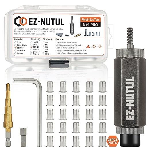 Rivet Nut Installation Tool Set Flat Head Rivnut Threaded Insert Nut Kit SAE & Metric for Metal Heavy Duty Zinc Plated Nutsert (10-24(Rivet Nut Tool-25pcs, Stainless))