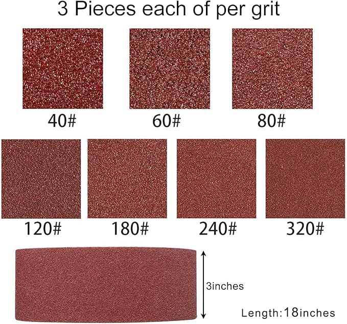 Coceca 3x18 Inch Sanding Belts, 21 Packs Belt Sander Paper Aluminum Oxide Sandpaper (Assorted 3 Each of 40 60 80 120 180 240 320 Grit) for Sander Woodworking