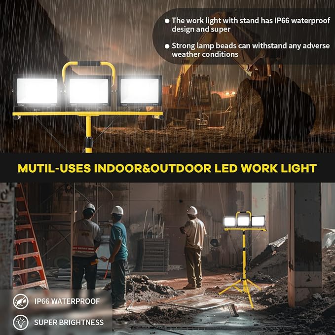 30000 Lumen LED Work Light with Stand, 3 Adjustable Head Portable Work Light with 324 Super-Powerful LED Lamp Beads and 16.4FT Cord, Waterproof Tripod Work Lights with 6500 Kelvin Color Temperature