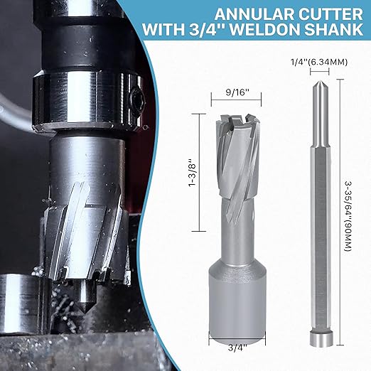 KEENTECH Carbide-Tipped Annular Cutter, 9/16" Diameter x 1-3/8" Depth, 3/4" Weldon Shank (2 Flat), High Speed Cutting TCT Mag Drill Bit with Pilot Pin for Harder Material, Stainless Steel, Cast Iron