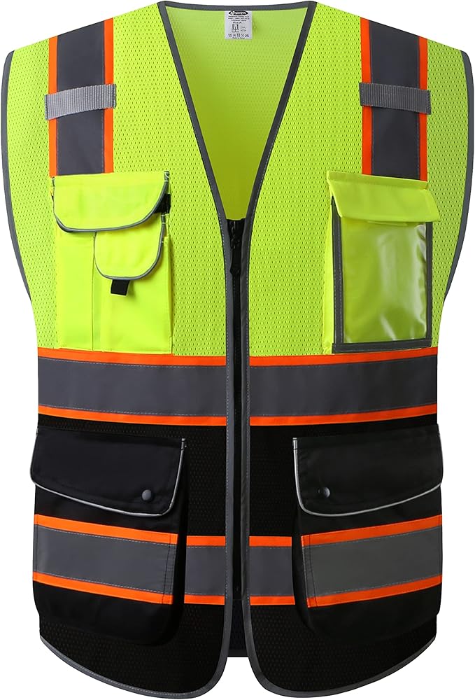 JKSafety 9 Pockets Class 2 High Visibility Dual Color Zipper Front MESH Lite Safety Vest | Orange Color Triming Reflective Strip | ANSI/ISEA Standards (100-Yellow-Black, 3XL)