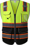 JKSafety 9 Pockets Class 2 High Visibility Dual Color Zipper Front MESH Lite Safety Vest | Orange Color Triming Reflective Strip | ANSI/ISEA Standards (100-Yellow-Black, XXL)