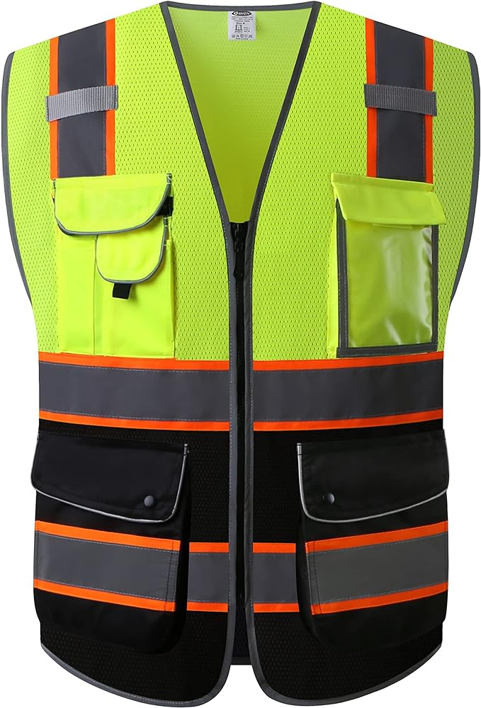JKSafety 9 Pockets Class 2 High Visibility Dual Color Zipper Front MESH Lite Safety Vest | Orange Color Triming Reflective Strip | ANSI/ISEA Standards (100-Yellow-Black, XXL)