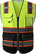 JKSafety 9 Pockets Class 2 High Visibility Dual Color Zipper Front MESH Lite Safety Vest | Orange Color Triming Reflective Strip | ANSI/ISEA Standards (100-Yellow-Black, L)
