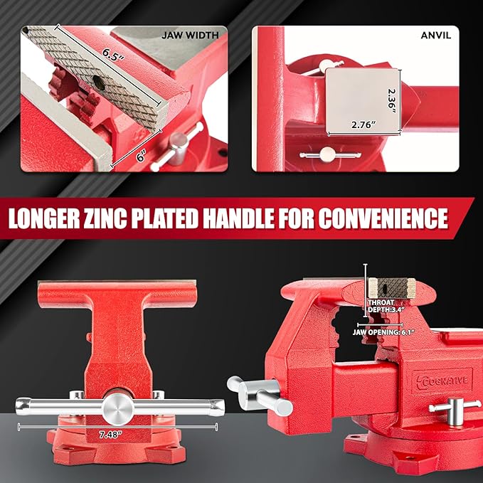 6.5" Heavy-Duty Bench Vise Ductile Iron Bench Vise 360° Swivel Bench Vice with Anvil, Red