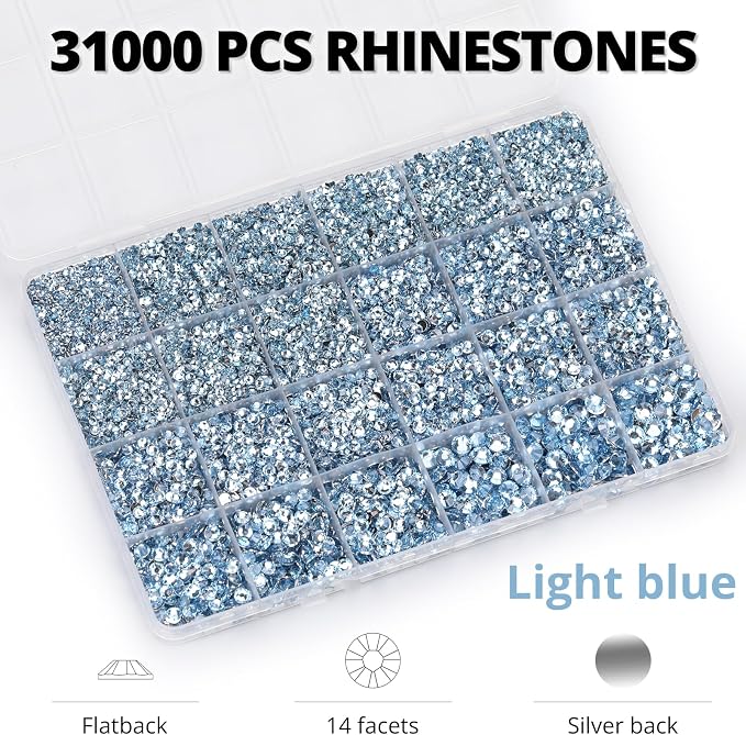 33000Pcs Baby Blue Rhinestones for Bedazzling, Mixed Sizes 2, 6mm Flatback Gems - Image 3