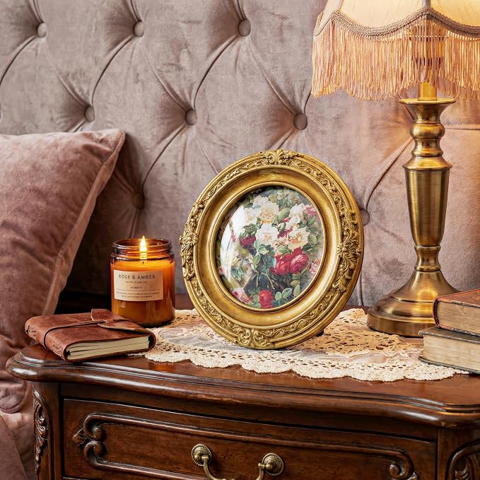 Cuspin Vintage Picture Frame 4x4 Gold Frames, Ornate Round Resin Photo Frame - Image 2
