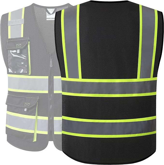 JKSafety Hi Vis Reflective Safety Vests for Men Women High Visibility Vest with Pockets Mesh Fabric Construction Safety Apparel Neon Vest for Work (220-Black M)