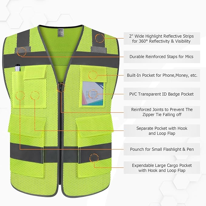 TCCFCCT High Visibility Reflective Safety Vest with 5 Pockets, ANSI/ISEA Class 2, Mesh-yellow-wolf 02, Medium
