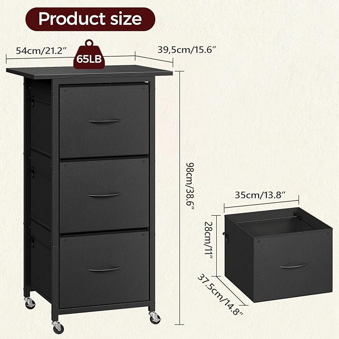 3 Drawer File Cabinet, Vertical Filing Cabinet with Wheels, Printer Stand with File Cabinet, Adjustable Hanging Rods, fits A4/Letter Size, for Home Office, Black FCBK5901