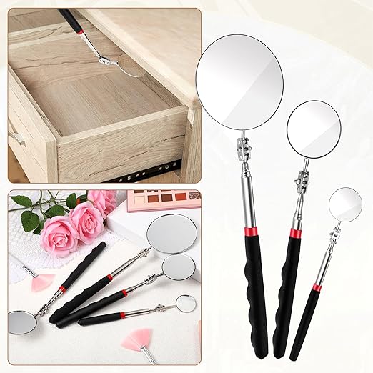 6Pcs Telescoping Mirror, Stainless Steel Extendable Inspection Mirror Telescoping, Telescoping Inspection Mirrors with Long Handle Tool for Technicians, Mechanics, Contractors (Black, Round)
