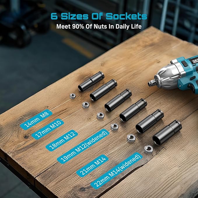 Seesii Impact Wrench 665 FT-LBS(900N.m) 3300IPM 1/2 Impact Gun High Torque Electric Cordless Impact Wrench with 21V 2x4.0Ah Battery 6 Sockets and Case for Home Car Truck Tire Lug Nut Removal Tool Set