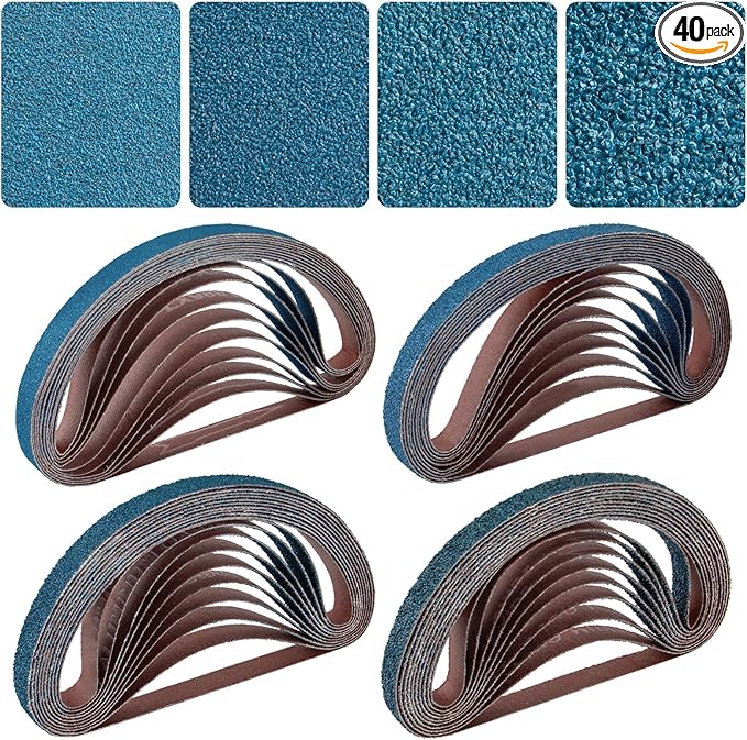 1/2x18 Inch Belt Sander Sanding Belts Kit 40 Pcs (10 Each of 40/60/80/120 Grits), Zirconia Belt Sander Paper Sanding Belts for Wood, Metal, Cars, and Furniture, 40-Pack