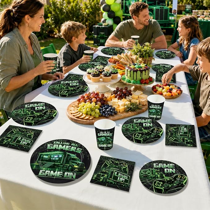 168 Pcs Video Game Birthday Party Decorations Neon Green Gaming Truck Plates - Image 6
