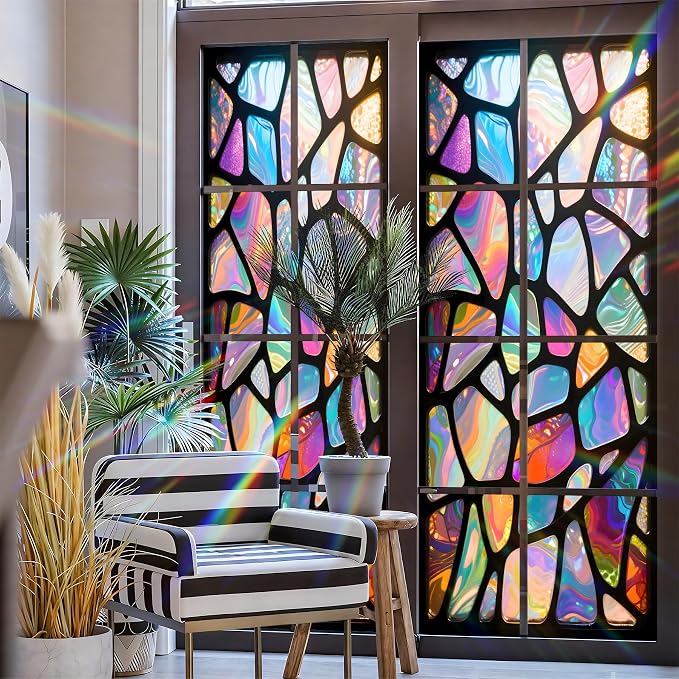 Stained Glass Window Privacy Film: Non-Adhesive Sun and Landscape Mosaic Design - Image 3