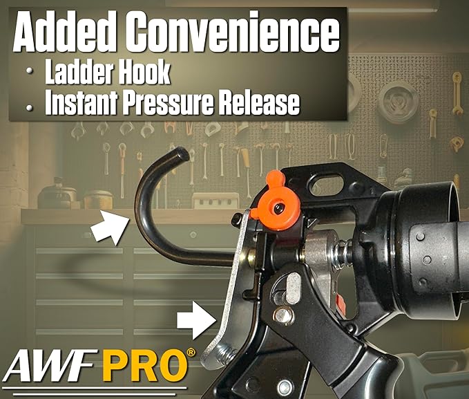 AWF PRO 10 oz Dual Thrust Caulk Gun - 25:1 or 12:1 Thrust Ratio, Dripless, Rotating Barrel, Comfort Grip, with Built-In Puncture Tool