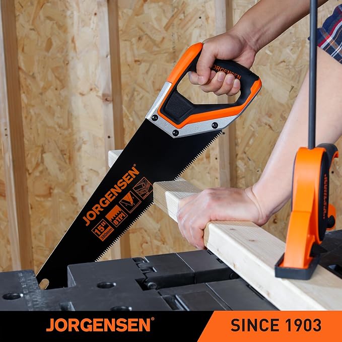 JORGENSEN 15” Hand Saw, Black Coated Coarse Handsaw 8TPI for Wood Cutting, Ergonomic Non-Slip Aluminum Handle for Sawing, Trimming, Gardening, Pruning, PVC