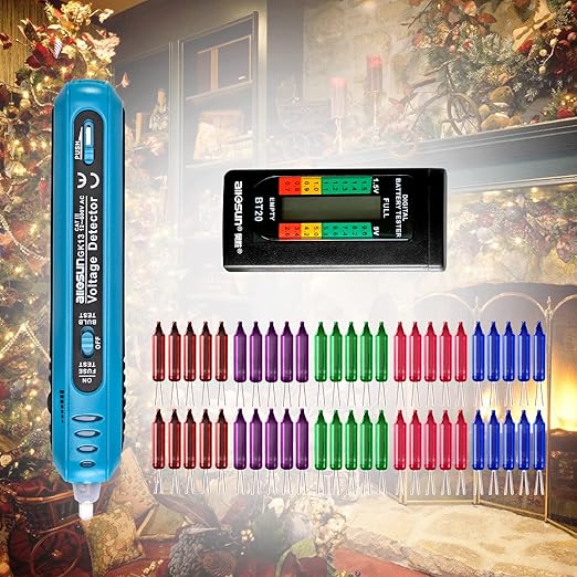allsun 12-600Vac Christmas Light Tester with 50 pcs of 2.5 Volt Replacement Bulbs, BT20 Digital Battery Tester Electrical Test Kit