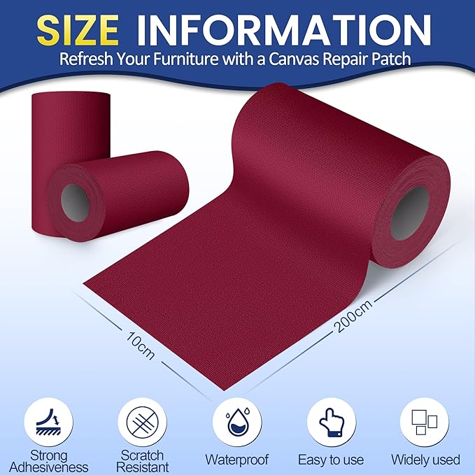 Self-Adhesive Canvas Repair Tape, 4" x 79" Waterproof Canvas Repair Patch, Fabric Patch Repairs Kit for Furniture, Tents, Sunbrellas, Boat Covers Awnings, Couches, Clothes, Bags Burgundy