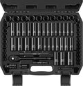 64-Piece 3/8" Drive Socket Set, SAE (5/16"-1") & Metric (6mm-24mm), Deep & Shallow, 72-Tooth Ratchet Wrench, Extension Bars, 1/2" F to 3/8" M Reducer, Universal Joint & Power Drill Adapter