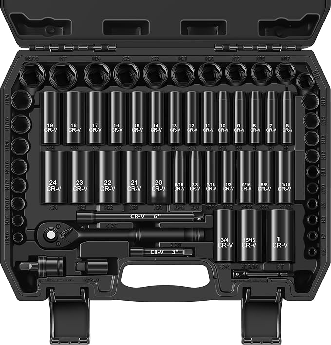 64-Piece 3/8" Drive Socket Set, SAE (5/16"-1") & Metric (6mm-24mm), Deep & Shallow, 72-Tooth Ratchet Wrench, Extension Bars, 1/2" F to 3/8" M Reducer, Universal Joint & Power Drill Adapter
