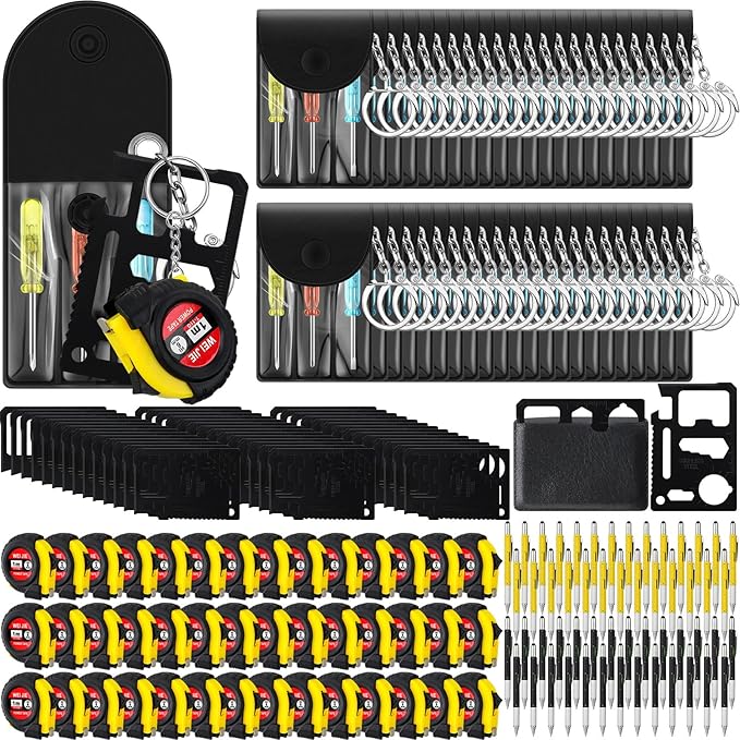 168 Pcs Mini Tape Screwdriver Keychain Set Christmas Men Gifts Bulk Adult Party Favors Multitool Pen Card Tool Measuring Keychains Stocking Christmas Stuffers for Men Dad (Yellow,Black)