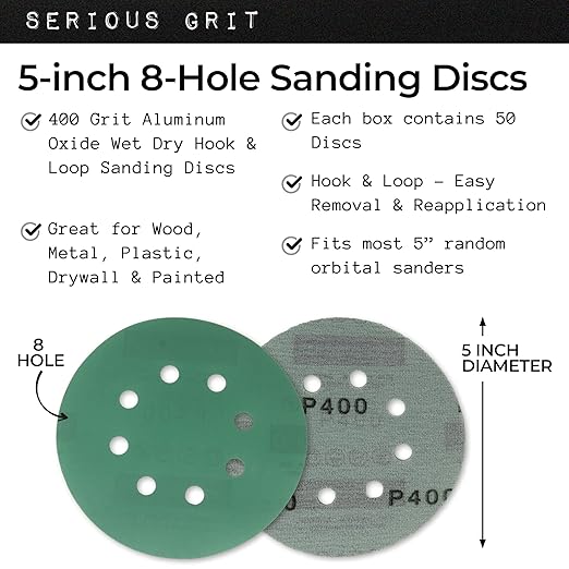 Sanding Discs 5 Inch 8 Hole 400 Grit - Heavy-Duty Hook & Loop Wet Dry Film Sandpaper Discs - Very Fine Sand Paper for Random Orbital Sanders - Wood, Automotive, Epoxy, etc - 50 Pack Box