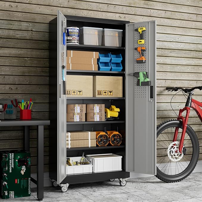 71" Metal Storage Cabinet with Wheels and Pegboard, Lockable Rolling Steel Storage Cabinet with 5 Adjustable Shelves and Door for Garage, Office, Kitchen, Assembly Required,Black and Grey