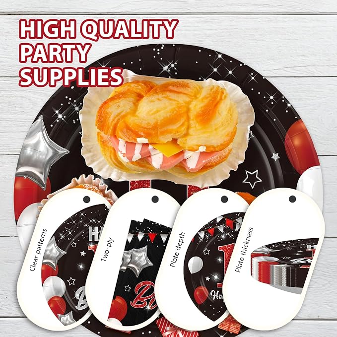 96Pcs Red and Black Party Decorations Happy 11th Birthday Plates and Napkins - Image 6