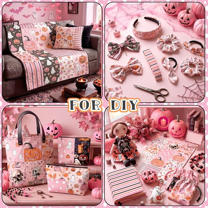 HunnmingRe 20 Pcs 10''x10'' Pink Halloween Quilting Fabric Square Pink Spooky - Image 6