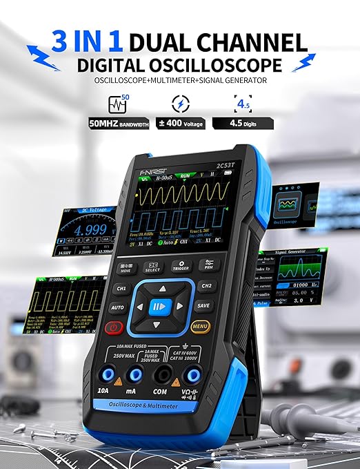 FNIRSI 2C53T Upgraded Handheld Oscilloscope, 50MHz Bandwidth, 3IN1 Digital Oscilloscope Multimeter DDS Generator, 250MS/s Sampling Rate, 19999 Counts, Voltage, Current, Capacitor, Resistor, Diode Test
