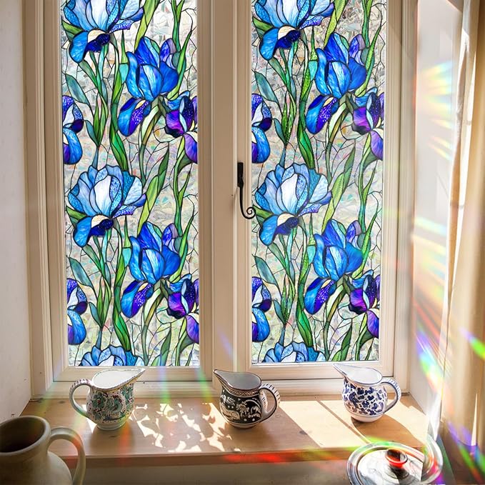 Bloss Blue Iris Flowers Sunroof Film Floral Rainbow Effect Static Clings Window - Image 8