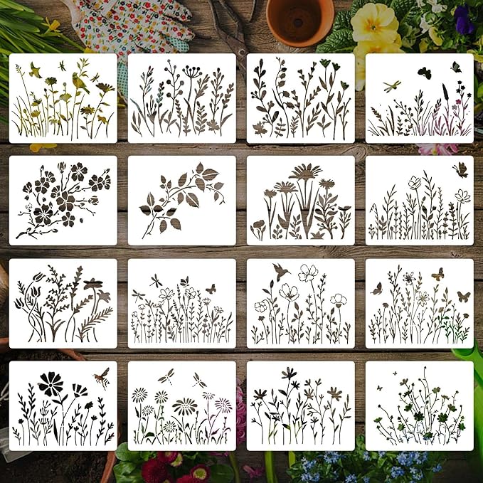 16 Pieces Wildflower Stencils for Painting, Reusable Large Spring Wild Flower by eageus