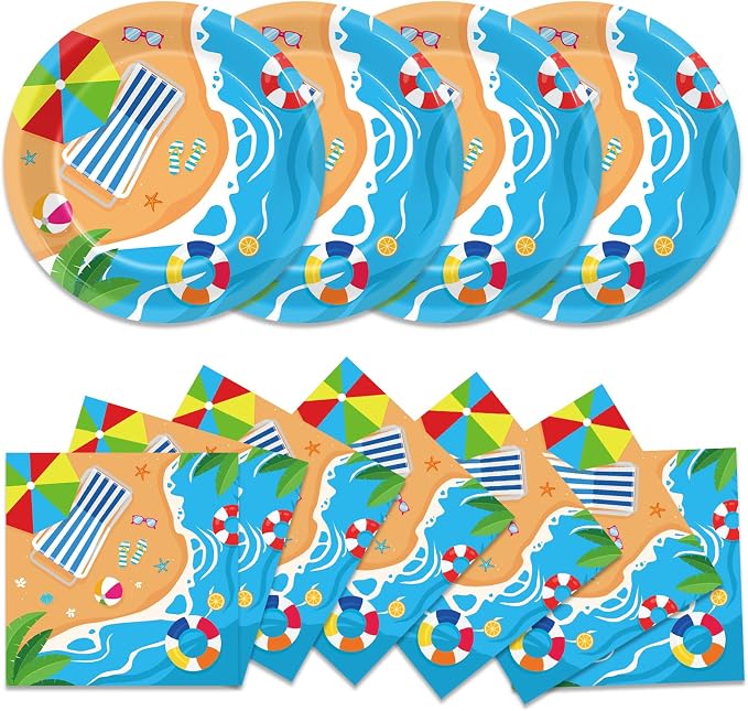 Qyeahkj 48Pcs Summer Beach Paper Plates and Napkins, Hawaiian Beach Theme Party by Qyeahkj