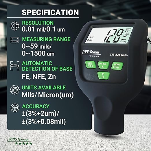 Paint Thickness Gauge CM-224Auto 2025 | Goating Thickness Meter, Digital Paint Depth Gauge for Cars, Al/Fe+Zinc Detection, Auto Calibration, 0.1 μm/0.01 mil Resolution, Large LCD