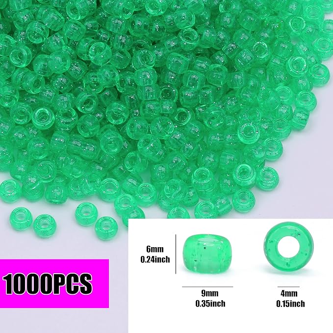 1000Pcs Pony Beads Bracelet 9mm Green Glitter Plastic Barrel Pony Beads - Image 4