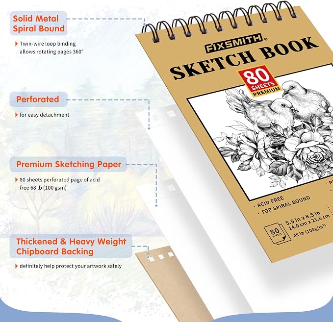 FIXSMITH 5.5"X8.5" Sketch Book | 160 Sheets | 2 Pack Sketchbooks | Top Spiral - Image 2